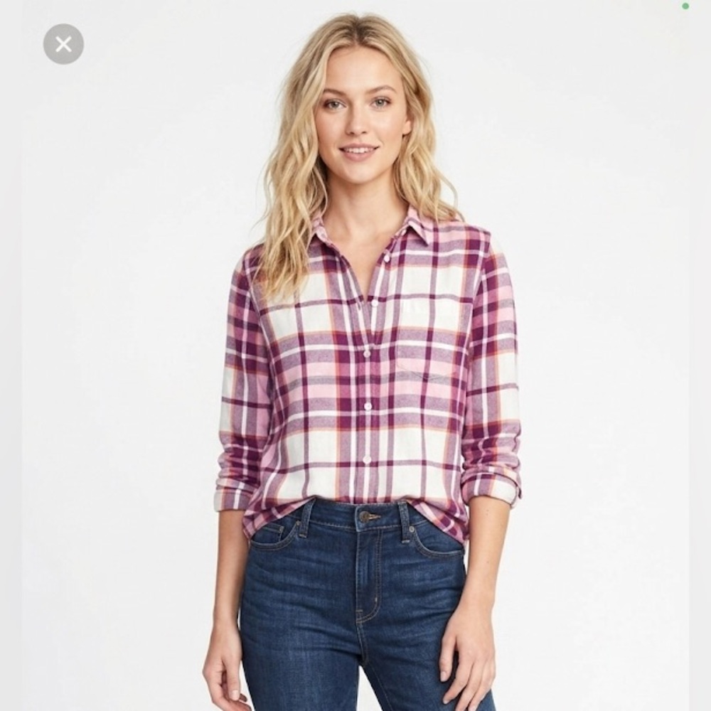 OLD NAVY Pink and White Plaid Button-Down boyfriend tunic Shirt size medium